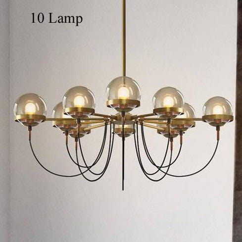 Lustre industriel doré avec boule en verre | Marco Lucetti 10 lampes