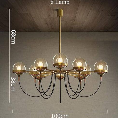 Lustre industriel doré avec boule en verre | Marco Lucetti 8 lampes