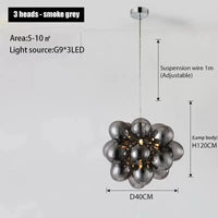 Lustre industriel en verre suspendu postmoderne | Marco Lucetti 3 têtes-gris fumé / Lumière blanche