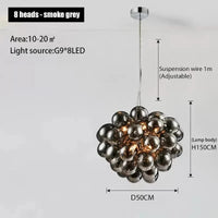 Lustre industriel en verre suspendu postmoderne | Marco Lucetti 8 têtes-gris fumé / Lumière blanche