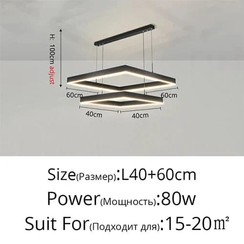 Lustre Led carré moderne - Rectangle Led Plafonnier Suspension Luminaire | Marco Lucetti 2Anneaux-40x60cm / Lumière blanche