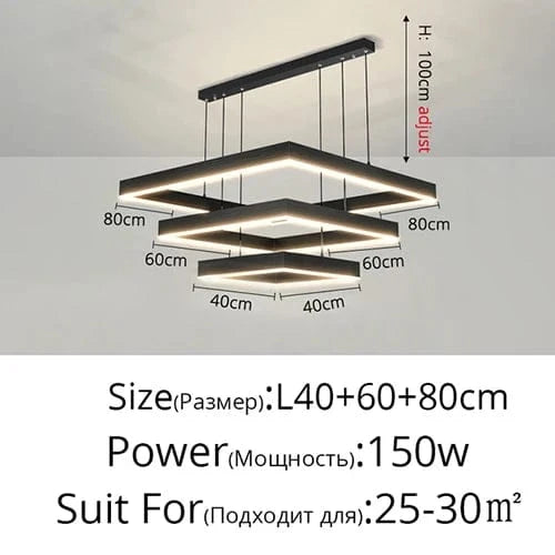 Lustre Led carré moderne - Rectangle Led Plafonnier Suspension Luminaire | Marco Lucetti 3Anneaux-40x60x80cm / Lumière blanche