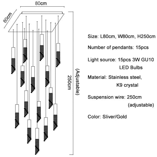 Lustre LED de Luxe Moderne en Cristal pour Escalier | Marco Lucetti Feux B15 / Lumière blanche