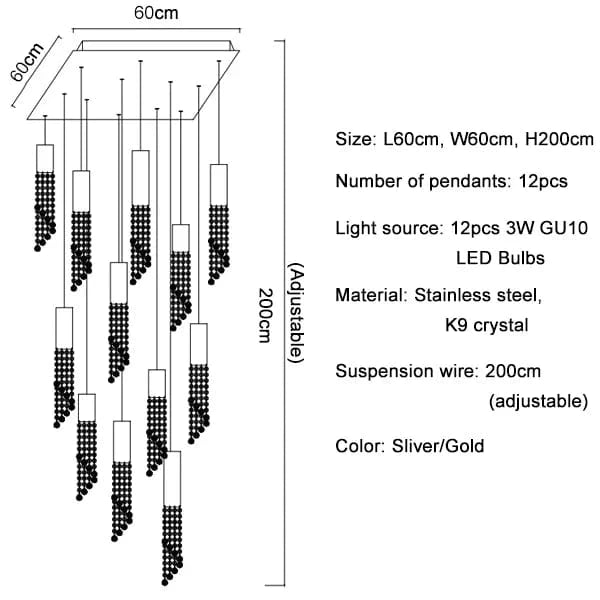 Lustre LED de Luxe Moderne en Cristal pour Escalier | Marco Lucetti Lumières B12 / Lumière blanche