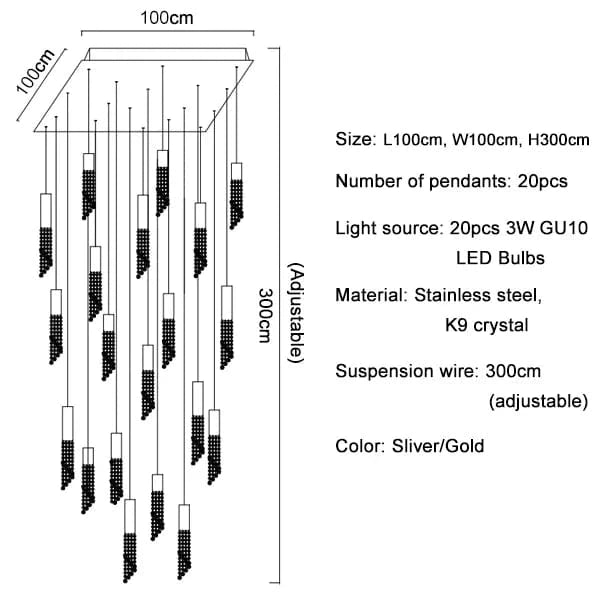 Lustre LED de Luxe Moderne en Cristal pour Escalier | Marco Lucetti Lumières B20 / Lumière blanche