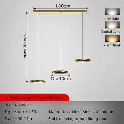 Lustre LED design en aluminium plaqué circulaire. | Marco Lucetti Cuivre -3 Têtes-30cm / Lumière modifiable