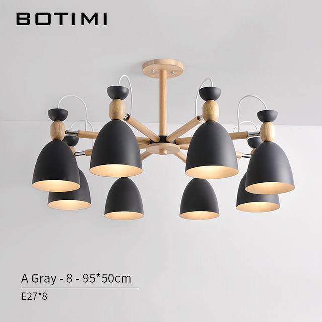 Lustre LED en bois avec abats-jours arrondis | Marco Lucetti 8 lampes - Noir