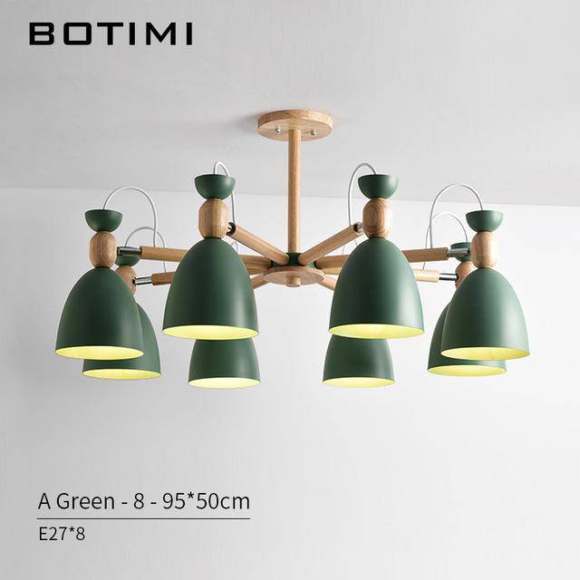 Lustre LED en bois avec abats-jours arrondis | Marco Lucetti 8 lampes - Vert