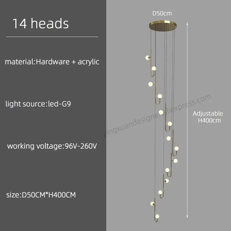 Lustre LED Escalier Colimaçon Luxe | Marco Lucetti 14 têtes / Noir / Lumière blanche