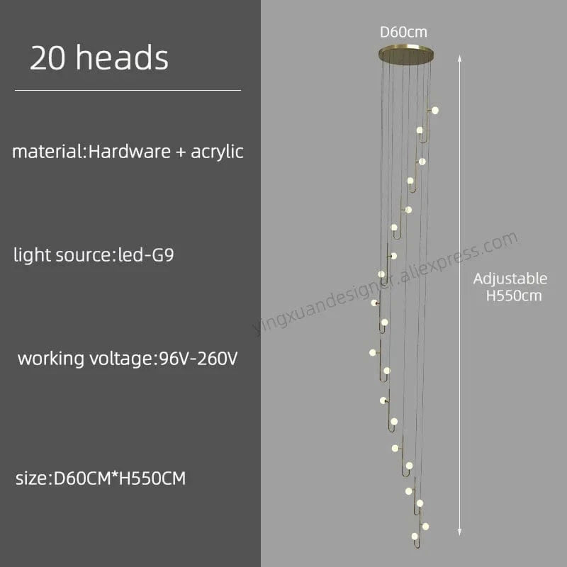 Lustre LED Escalier Colimaçon Luxe | Marco Lucetti 20 têtes / Noir / Lumière blanche