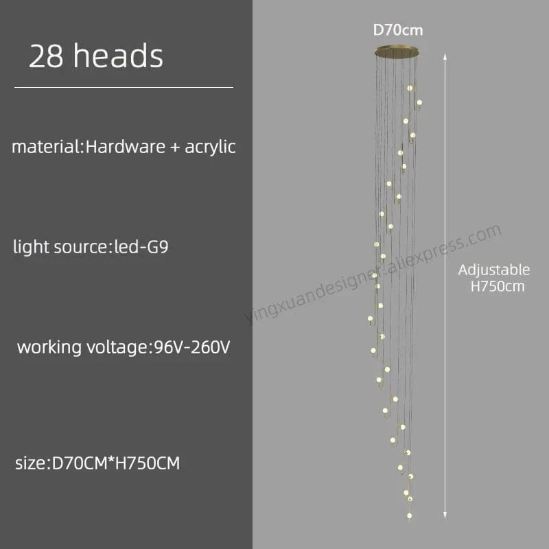 Lustre LED Escalier Colimaçon Luxe | Marco Lucetti 28 têtes / Noir / Lumière blanche