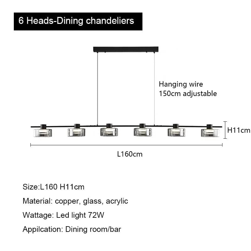 Lustre LED Minimaliste Moderne en Verre et Cuivre - Design Épuré | Marco Lucetti 6 têtes L160cm / Gradation à distance