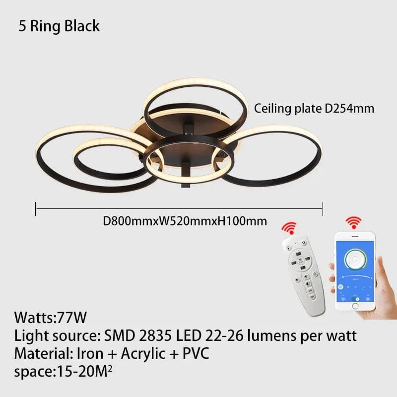 Lustre LED Moderne : Anneau LED Plafonnier Lumières Plafond Noir/Blanc -  | Marco Lucetti 5 anneaux noirs