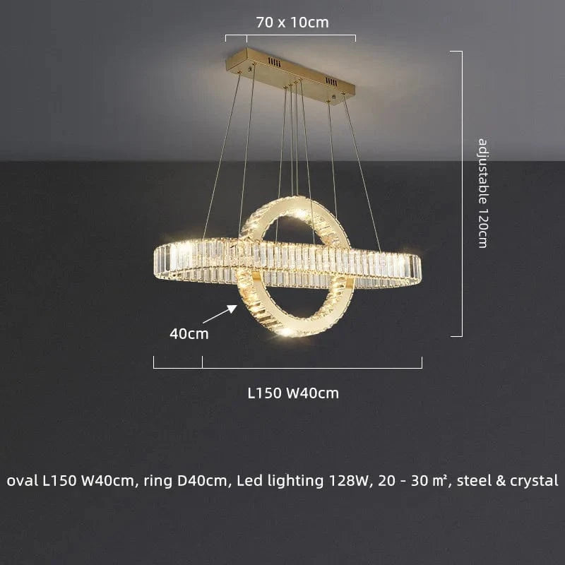 Lustre LED moderne en acier doré avec cristaux et câble ajustable | Marco Lucetti L150 L40cm 128W / Lumière chaude 3000K / Corps chromé