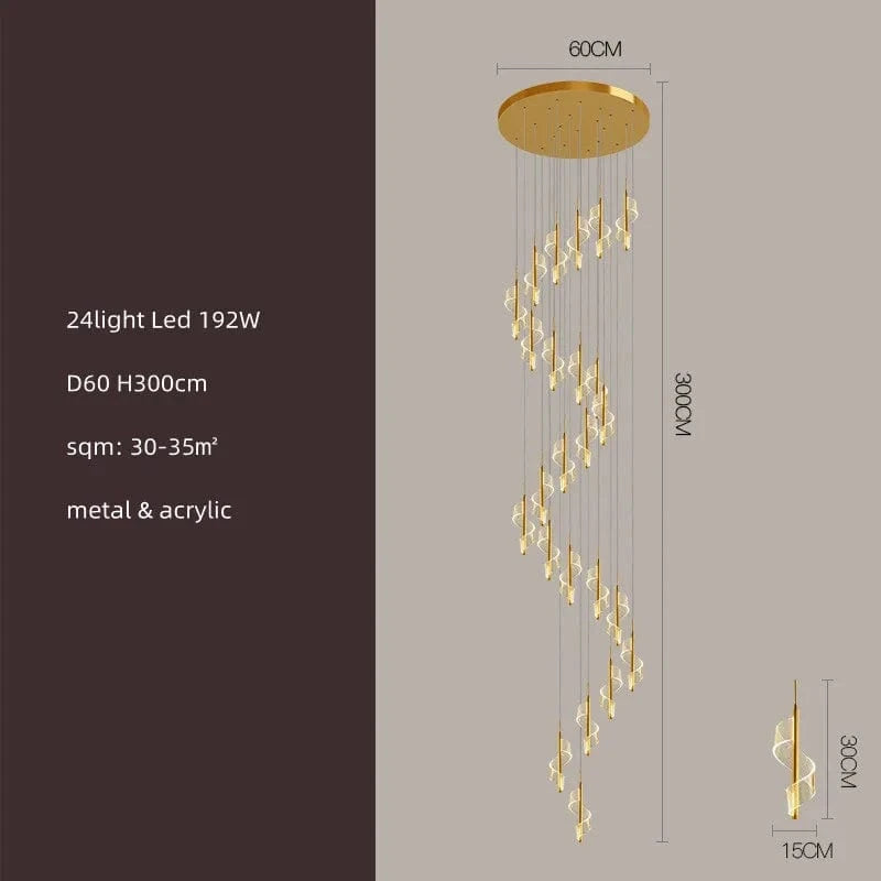 Lustre LED Moderne en Acrylique pour Escaliers en Colimaçon - Éclairage Élégant et Innovant | Marco Lucetti 24 lumières D60cm / Corps de lampe doré / Blanc froid