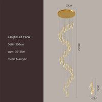 Lustre LED Moderne en Acrylique pour Escaliers en Colimaçon - Éclairage Élégant et Innovant | Marco Lucetti 24 lumières D60cm / Corps de lampe doré / Blanc froid