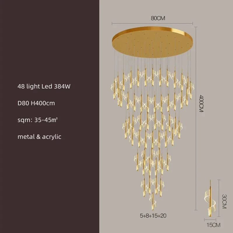 Lustre LED Moderne en Acrylique pour Escaliers en Colimaçon - Éclairage Élégant et Innovant | Marco Lucetti 48 lumières D80cm / Corps de lampe doré / Blanc froid