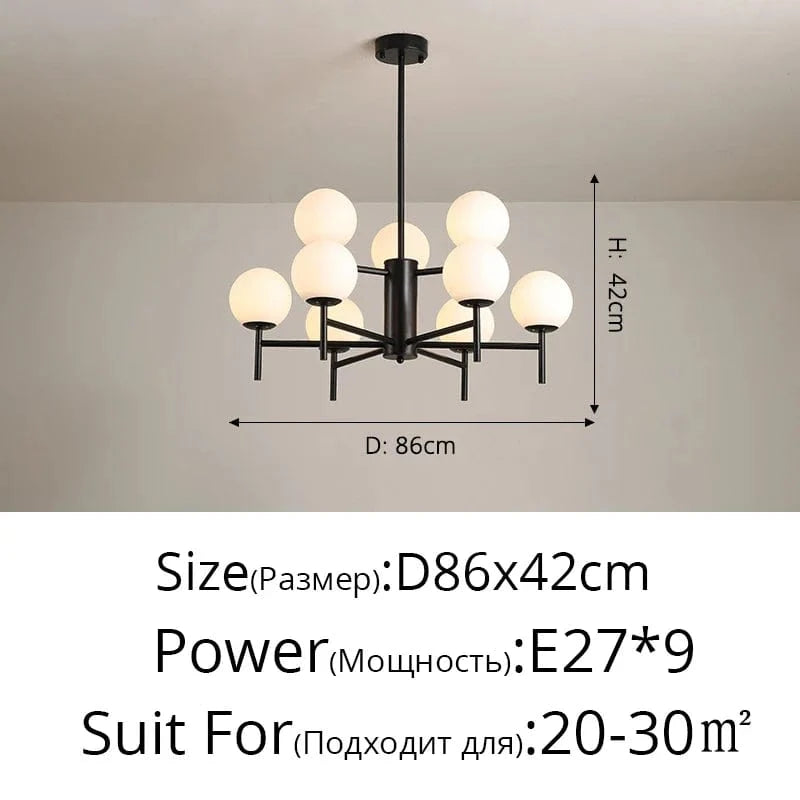 Lustre LED moderne médiéval avec boule de verre "Haricot Magique" | Marco Lucetti Noir 9 têtes / 3 couleurs sans télécommande