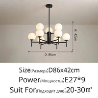 Lustre LED moderne médiéval avec boule de verre "Haricot Magique" | Marco Lucetti Noir 9 têtes / 3 couleurs sans télécommande