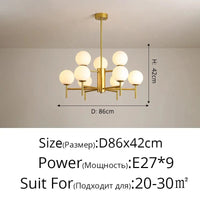 Lustre LED moderne médiéval avec boule de verre "Haricot Magique" | Marco Lucetti Or 9 têtes / 3 couleurs sans télécommande