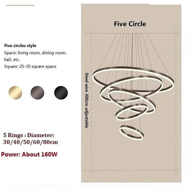 Lustre LED Moderne pour Rondes Suspensions au Plafond  | Marco Lucetti 5Anneaux / Noir / Blanc froid