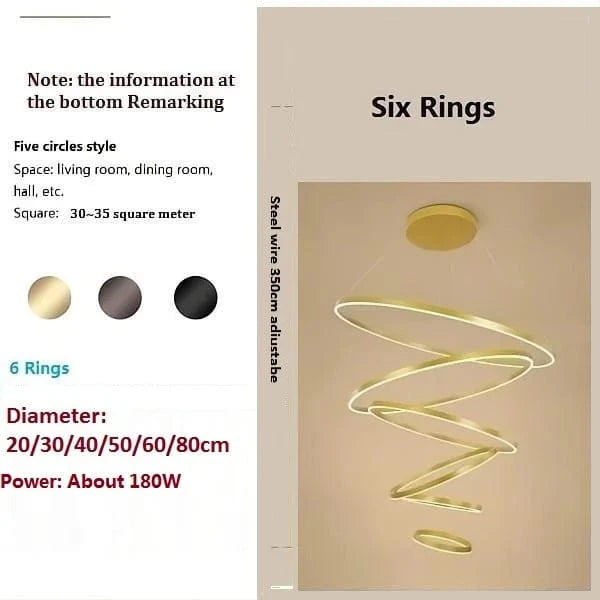 Lustre LED Moderne pour Rondes Suspensions au Plafond  | Marco Lucetti 6Anneaux / Noir / Blanc froid