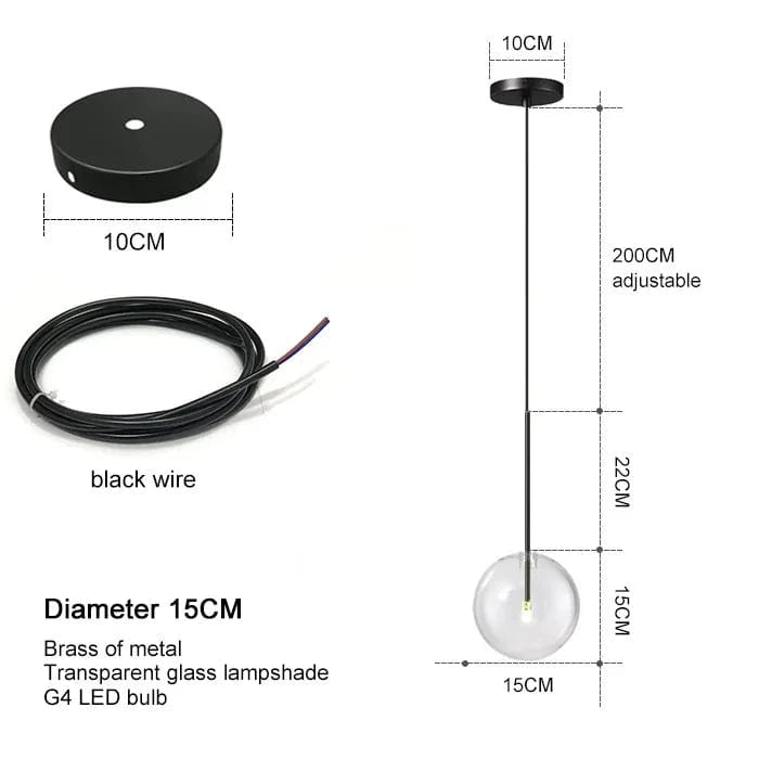 Lustre LED Noir Luxe Boule en Verre | Marco Lucetti Noir 1 têtes / Fil de suspension 200CM / Blanc chaud