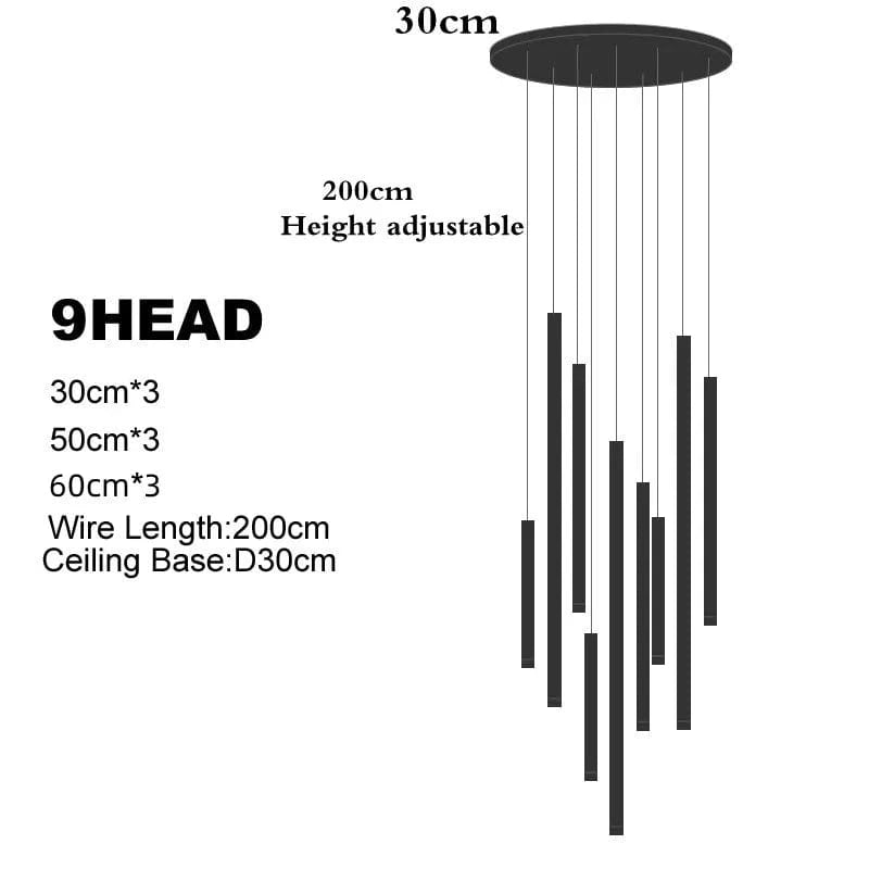 Lustre LED Suspendu Moderne pour Villa Loft Hôtel | Marco Lucetti 9 têtes / Corps de lampe noir / Blanc froid