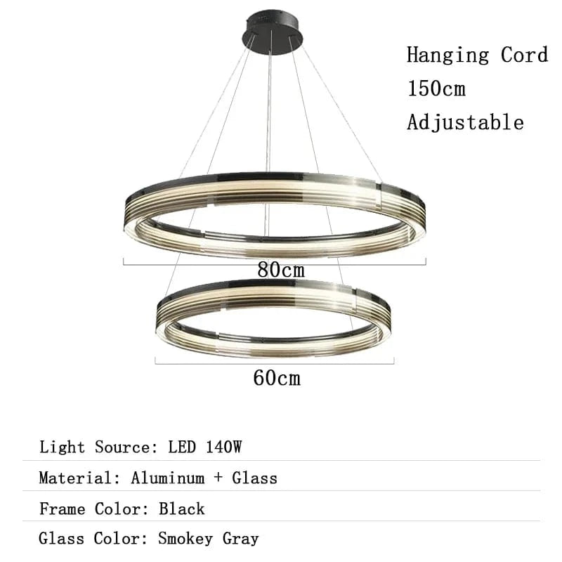 Lustre Long en Verre LED Design Minimaliste - Luxe Épuré | Marco Lucetti A 2 cercles de 80 cm / Lumière naturelle