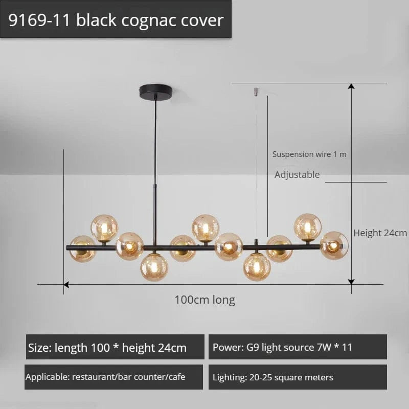 Lustre Long Moderne en Boule de Verre Abat-jour Suspendu Décoration LED - Élégance Lumineuse | Marco Lucetti 11-noir-Cognac / Lumière neutre 4000K