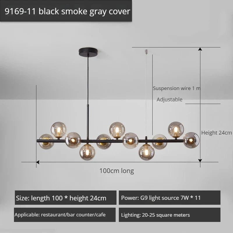 Lustre Long Moderne en Boule de Verre Abat-jour Suspendu Décoration LED - Élégance Lumineuse | Marco Lucetti 11-noir-Gris Fumée / Lumière 3 couleurs