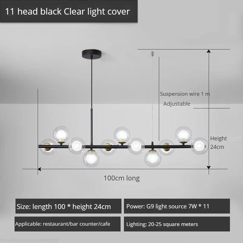 Lustre Long Moderne en Boule de Verre Abat-jour Suspendu Décoration LED - Élégance Lumineuse | Marco Lucetti 11-noir-Transparent / Lumière neutre 4000K