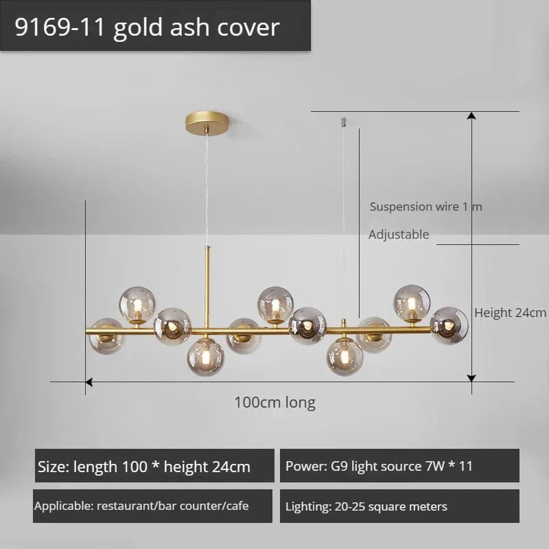 Lustre Long Moderne en Boule de Verre Abat-jour Suspendu Décoration LED - Élégance Lumineuse | Marco Lucetti 11-or-Gris Fumé / Lumière 3 couleurs