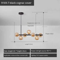 Lustre Long Moderne en Boule de Verre Abat-jour Suspendu Décoration LED - Élégance Lumineuse | Marco Lucetti 7-noir-Cognac / Lumière neutre 4000K