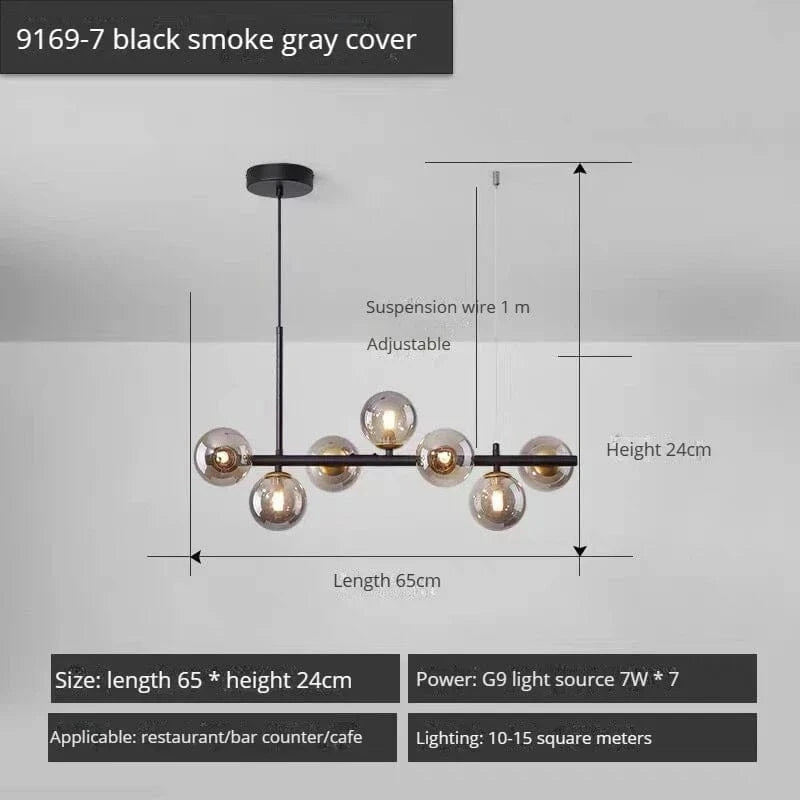 Lustre Long Moderne en Boule de Verre Abat-jour Suspendu Décoration LED - Élégance Lumineuse | Marco Lucetti 7-noir-Gris Fumée / Lumière 3 couleurs