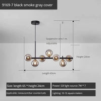 Lustre Long Moderne en Boule de Verre Abat-jour Suspendu Décoration LED - Élégance Lumineuse | Marco Lucetti 7-noir-Gris Fumée / Lumière 3 couleurs