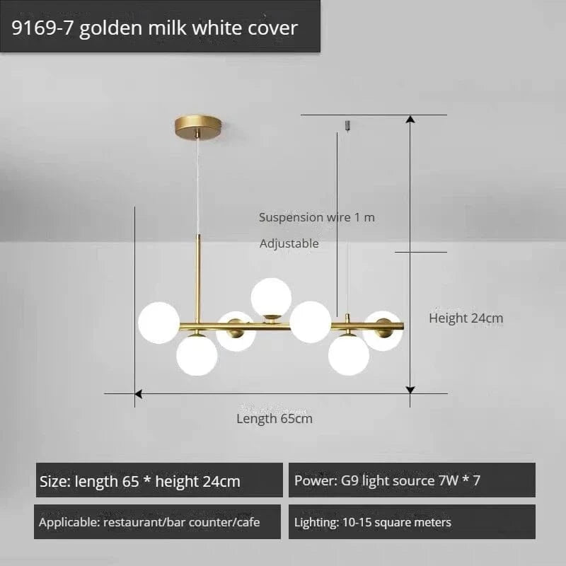 Lustre Long Moderne en Boule de Verre Abat-jour Suspendu Décoration LED - Élégance Lumineuse | Marco Lucetti 7-or-blanc / Lumière 3 couleurs