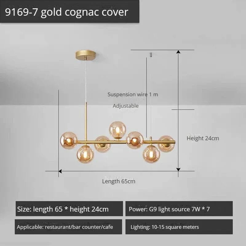Lustre Long Moderne en Boule de Verre Abat-jour Suspendu Décoration LED - Élégance Lumineuse | Marco Lucetti 7-or-Cognac / Lumière neutre 4000K