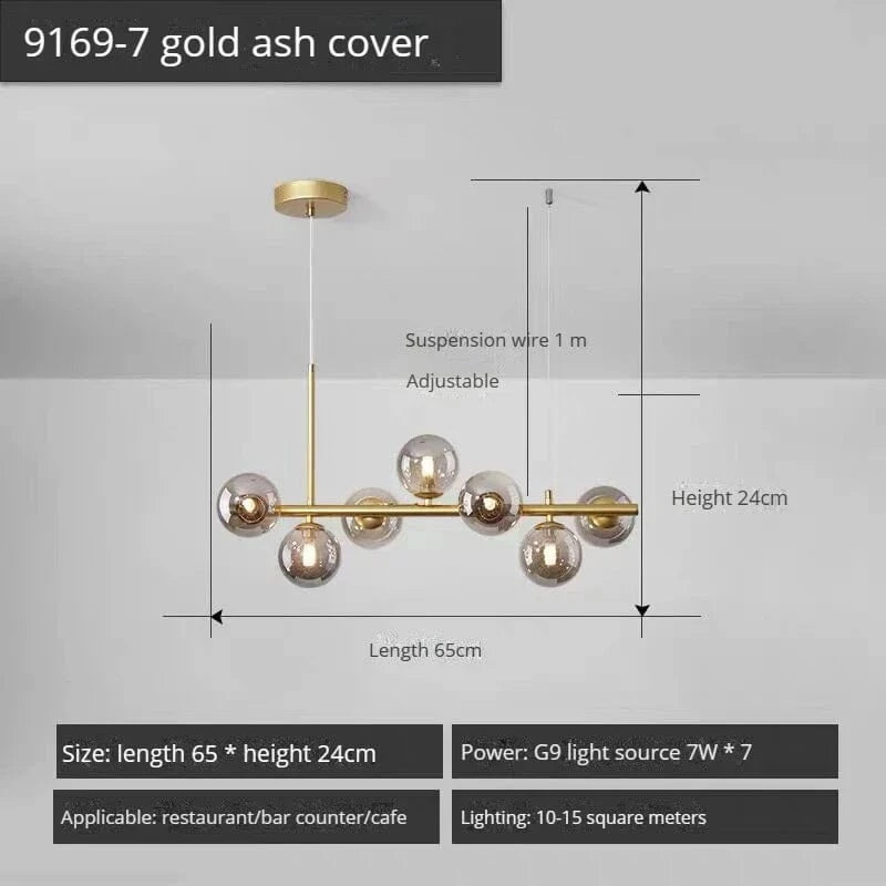 Lustre Long Moderne en Boule de Verre Abat-jour Suspendu Décoration LED - Élégance Lumineuse | Marco Lucetti 7-or-Gris Fumé / Lumière 3 couleurs