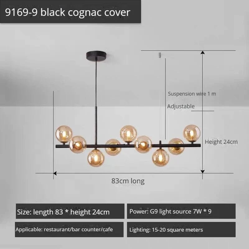 Lustre Long Moderne en Boule de Verre Abat-jour Suspendu Décoration LED - Élégance Lumineuse | Marco Lucetti 9-noir-Cognac / Lumière neutre 4000K