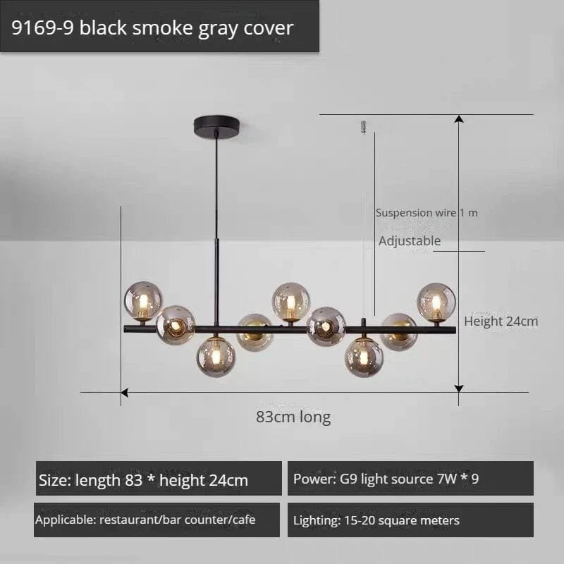 Lustre Long Moderne en Boule de Verre Abat-jour Suspendu Décoration LED - Élégance Lumineuse | Marco Lucetti 9-noir-Gris Fumée / Lumière 3 couleurs
