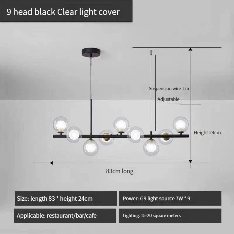 Lustre Long Moderne en Boule de Verre Abat-jour Suspendu Décoration LED - Élégance Lumineuse | Marco Lucetti 9-noir-Transparent / Lumière neutre 4000K