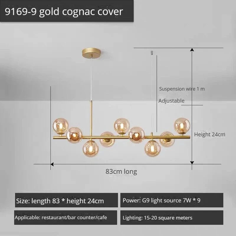 Lustre Long Moderne en Boule de Verre Abat-jour Suspendu Décoration LED - Élégance Lumineuse | Marco Lucetti 9-or-Cognac / Lumière neutre 4000K
