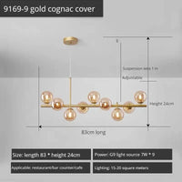 Lustre Long Moderne en Boule de Verre Abat-jour Suspendu Décoration LED - Élégance Lumineuse | Marco Lucetti 9-or-Cognac / Lumière neutre 4000K