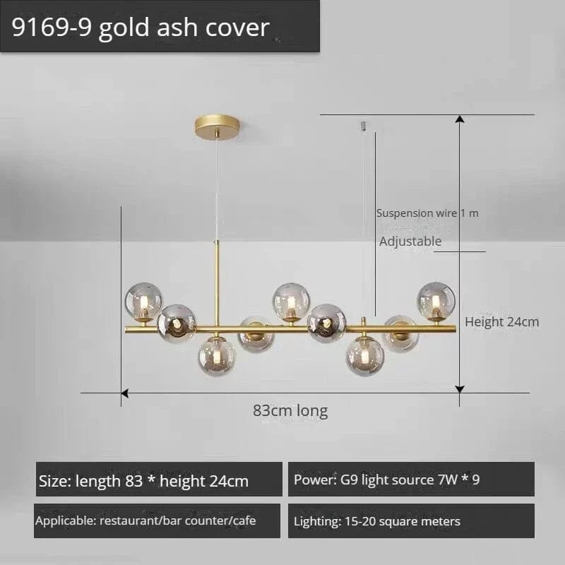 Lustre Long Moderne en Boule de Verre Abat-jour Suspendu Décoration LED - Élégance Lumineuse | Marco Lucetti 9-or-Gris Fumé / Lumière 3 couleurs