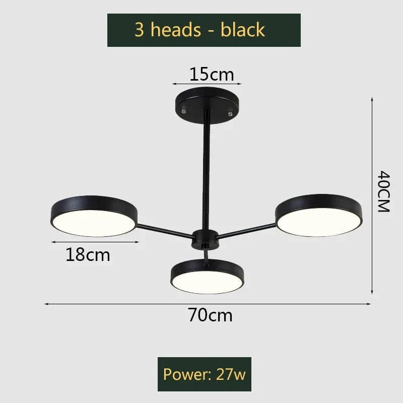 Lustre moderne à leds pour un éclairage nordique créatif intérieur. | Marco Lucetti 3 têtes noires / 27-54W / Lumière tricolore | CHINE