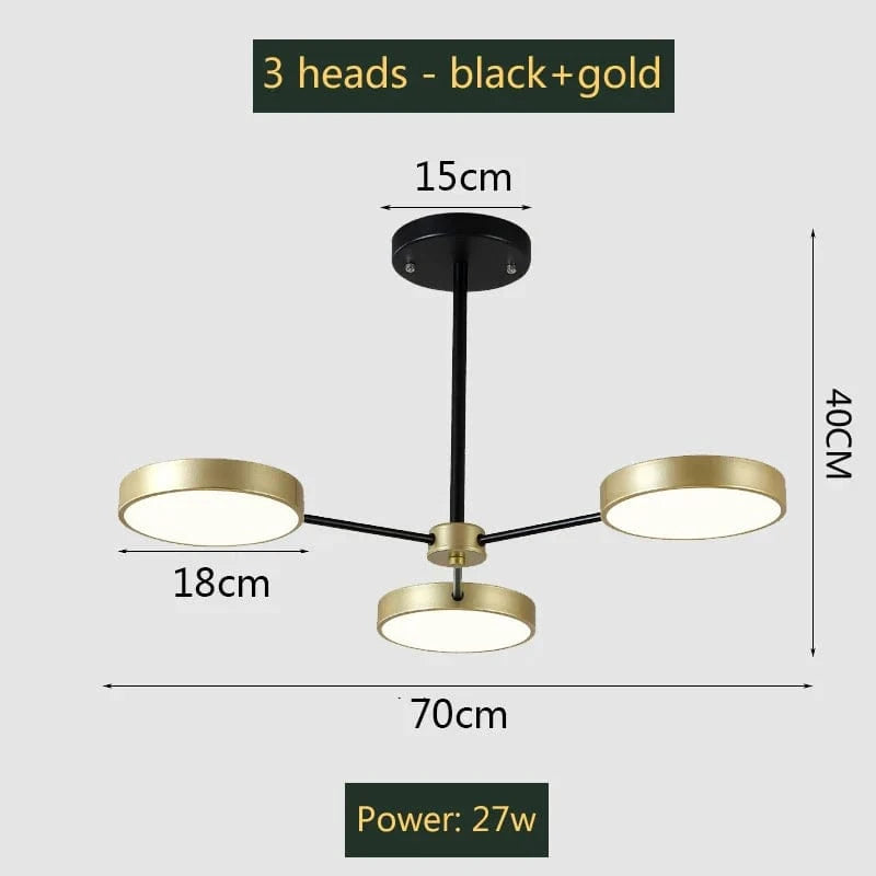 Lustre moderne à leds pour un éclairage nordique créatif intérieur. | Marco Lucetti 3 têtes or noir / 27-54W / Lumière tricolore | CHINE