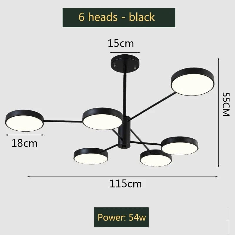 Lustre moderne à leds pour un éclairage nordique créatif intérieur. | Marco Lucetti 6 têtes noires / 27-54W / Lumière tricolore | CHINE