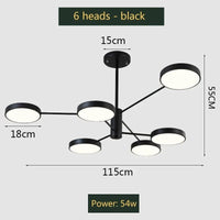 Lustre moderne à leds pour un éclairage nordique créatif intérieur. | Marco Lucetti 6 têtes noires / 27-54W / Lumière tricolore | CHINE