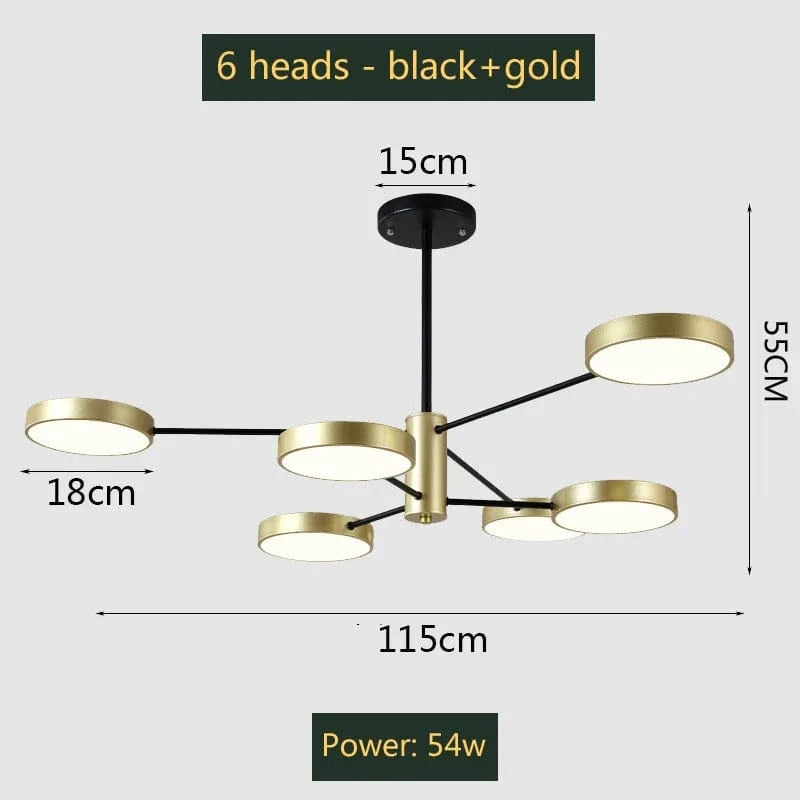 Lustre moderne à leds pour un éclairage nordique créatif intérieur. | Marco Lucetti 6 têtes or noir / 27-54W / Lumière tricolore | CHINE